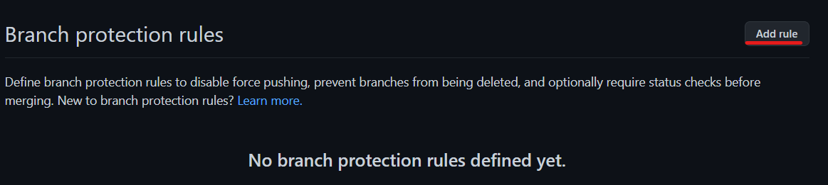 Regras de proteção de branch, com botão para adicionar novas regras destacado.